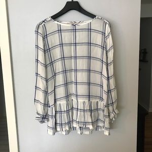 LOFT White and Blue Plaid Peplum Blouse Small